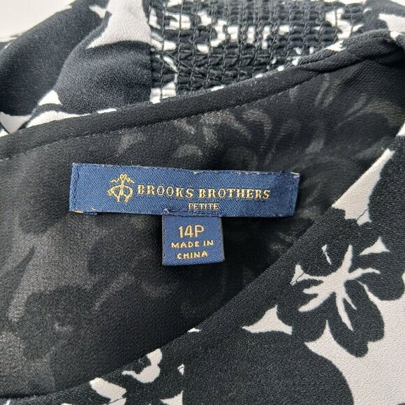 Brooks Brothers Black White Floral Print Dress Smocked Waist Pockets - Picture 7 of 10